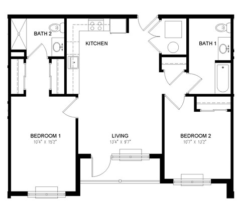 A black and white image of a floor plan for a two bedroom apartment.